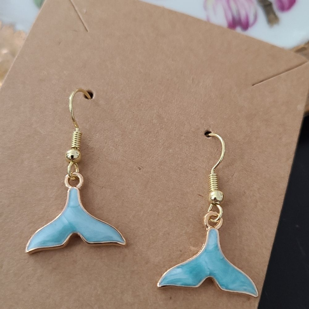 New Hand Crafted Cute Blue Fish Tail Earrings 14K Gold Plated Hooks